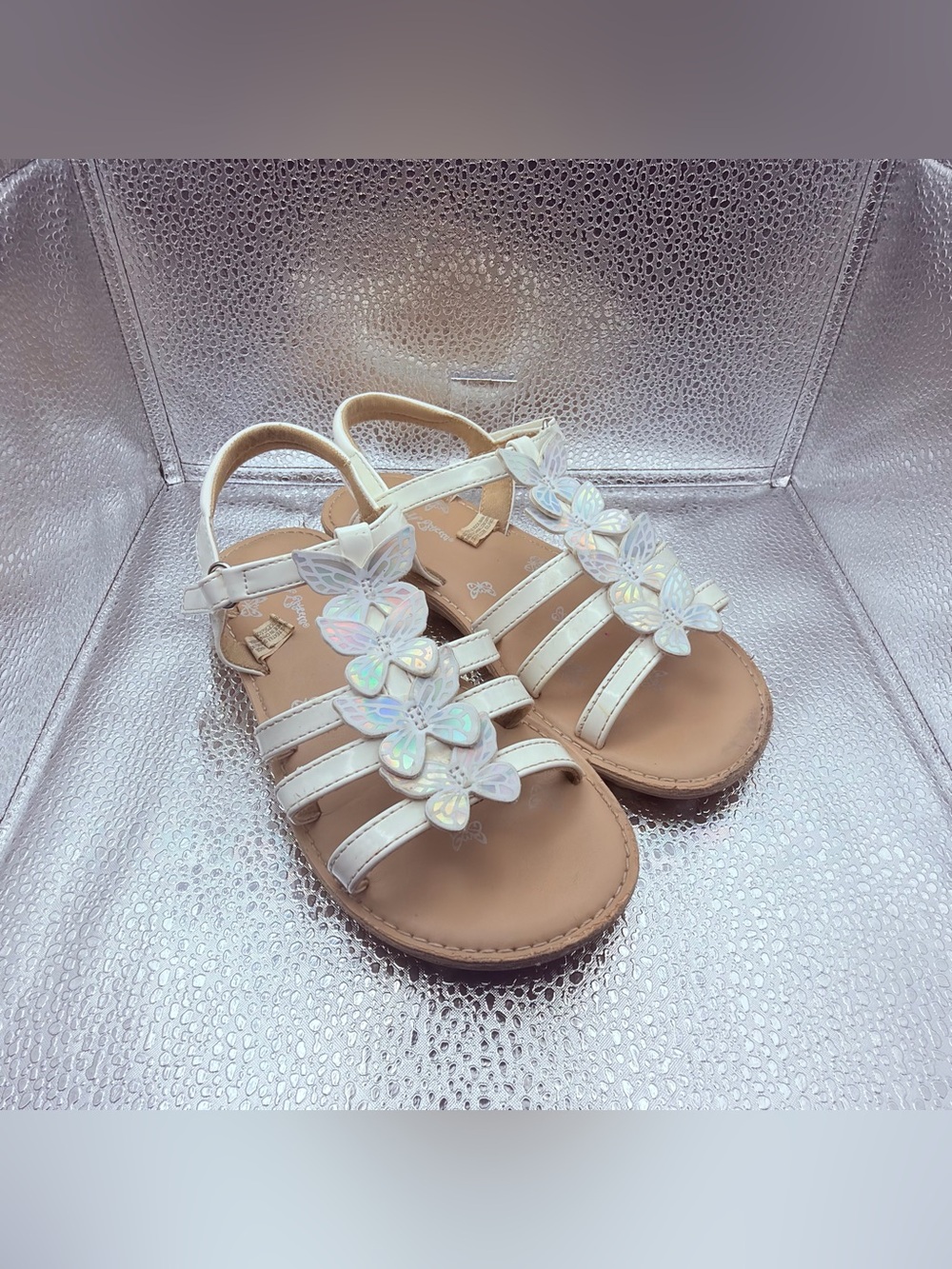 Self Esteem White Girls Sandals with Iridescent Butterfly Accents